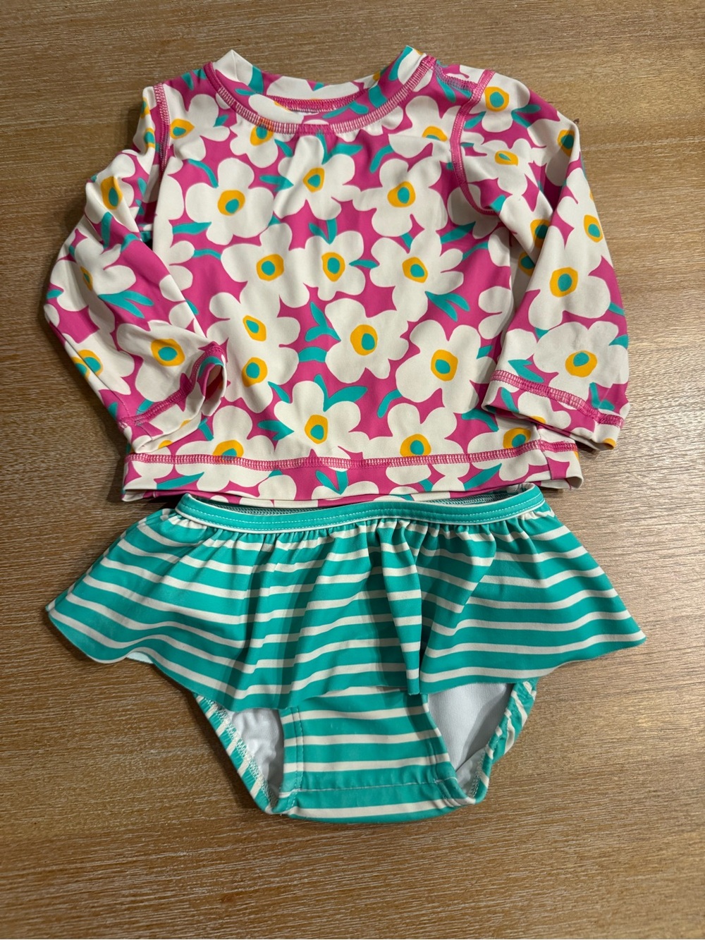Kids Floral Pink Rash Guard Swim Set with Teal Stripe Skirted Bottom
